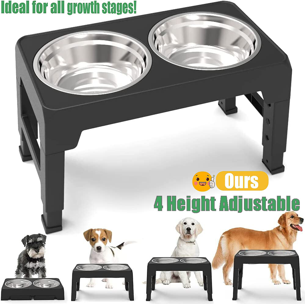 Elevated Dog Bowl Pet Feeder Stainless Steel Raised Food Water Stand W/2 Bowls
