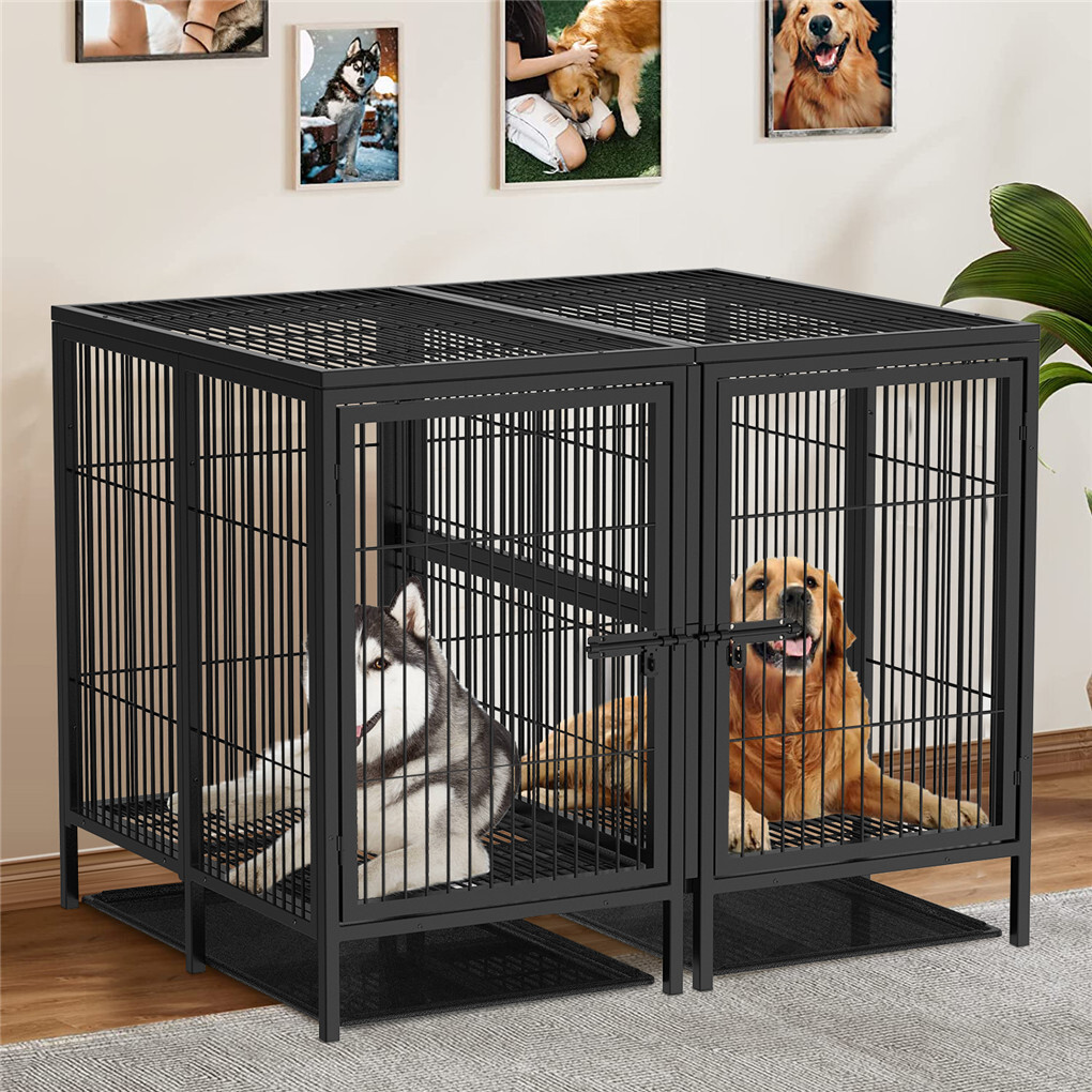 Jumbo Heavy Duty Metal Double Dog Cage Kennel Crate Playpen with Divider＆Tray
