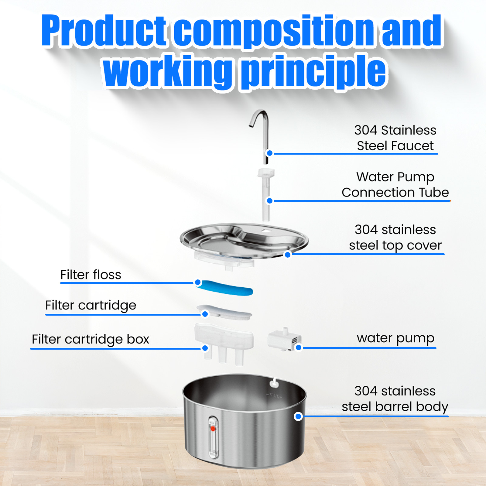 Cat Water Fountain Stainless Steel 108Oz/3.2L Corded Pet Water Dispenser
