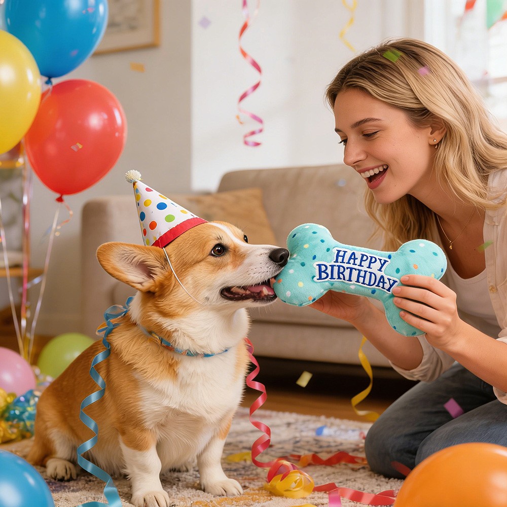 Dog Birthday Toys Plush Dog Squeaky Toys Stuffed Puppy Chew Toy Bone Pet Toy