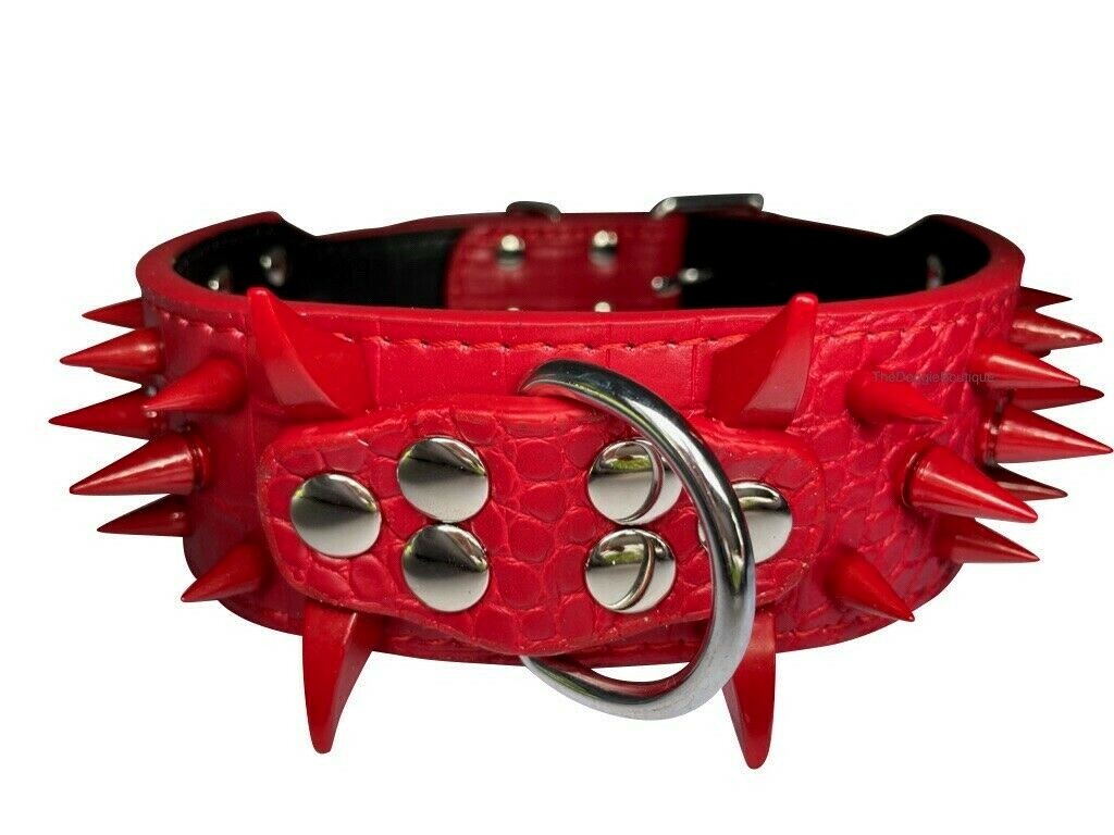 Dog Collar Sharp Red Spikes Spike Adjustable Rivet PU Leather 2″ wide S M L XL