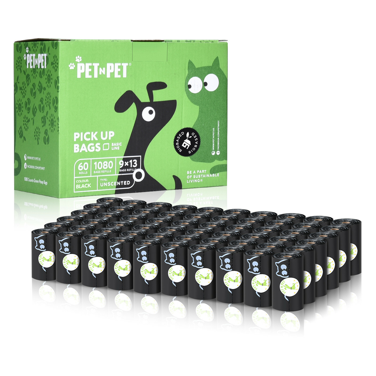 PET N PET 1080 Counts Black Dog Poop Bag Rolls 38% Plant Based 62% PE Waste Bags