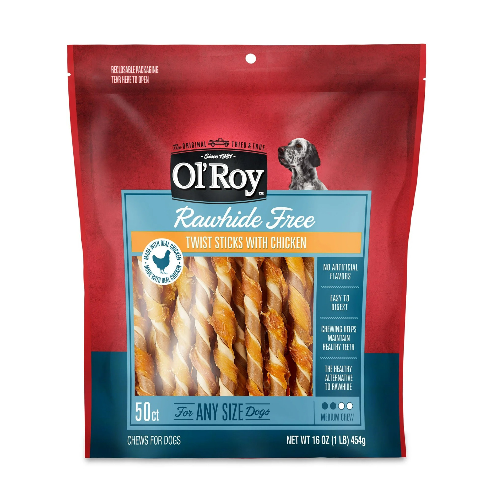 Ol’ Roy Rawhide Free Twist Sticks with Chicken Dog Treats, 50ct,16oz.Bag
