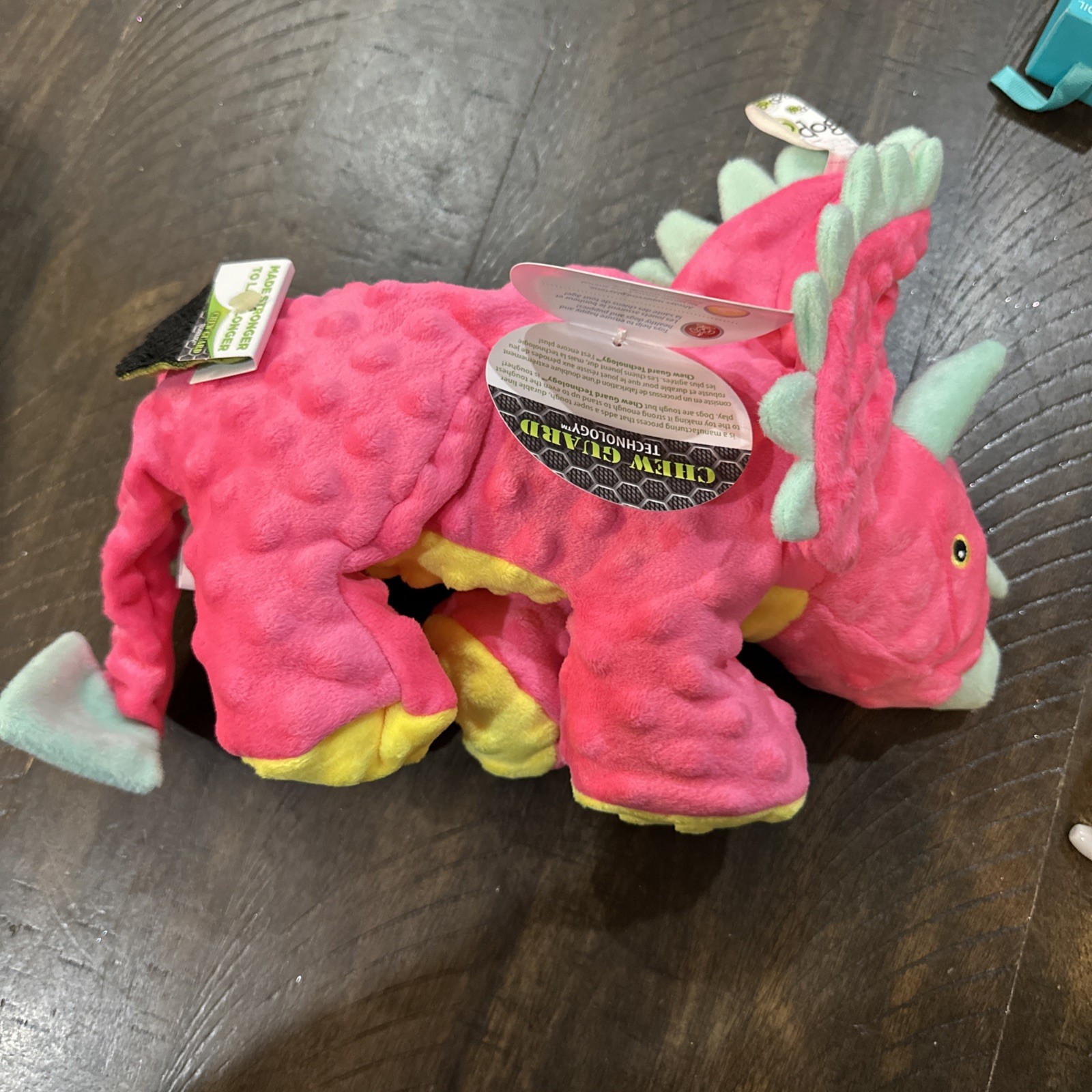 GoDog Dino Triceratops Toy Large Squeaker Pink Teal Yellow w/ Chew Guard Fabric