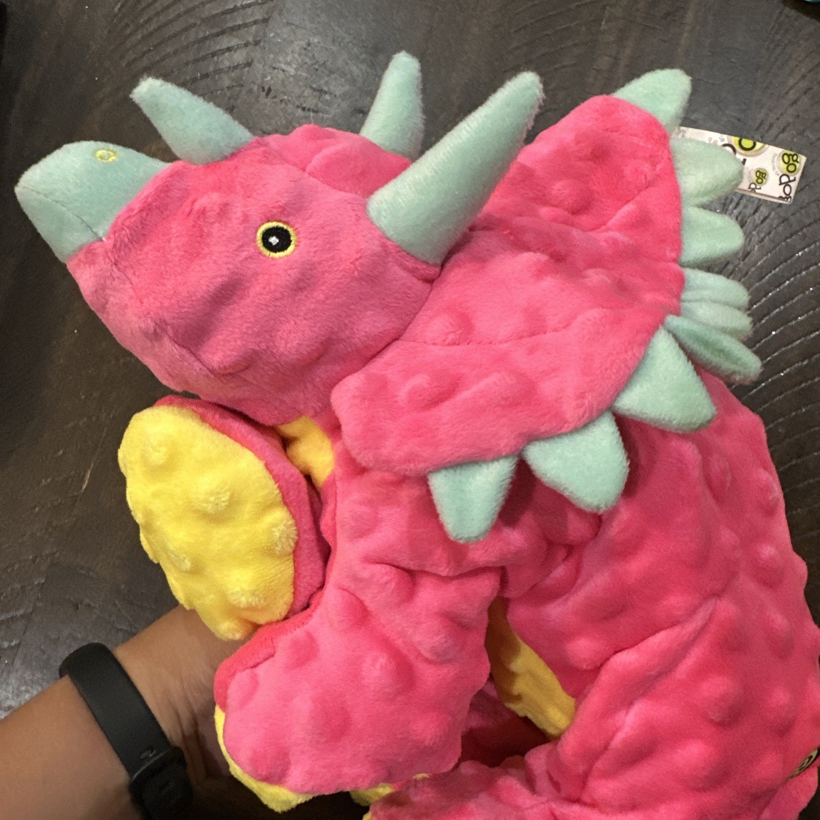 GoDog Dino Triceratops Toy Large Squeaker Pink Teal Yellow w/ Chew Guard Fabric