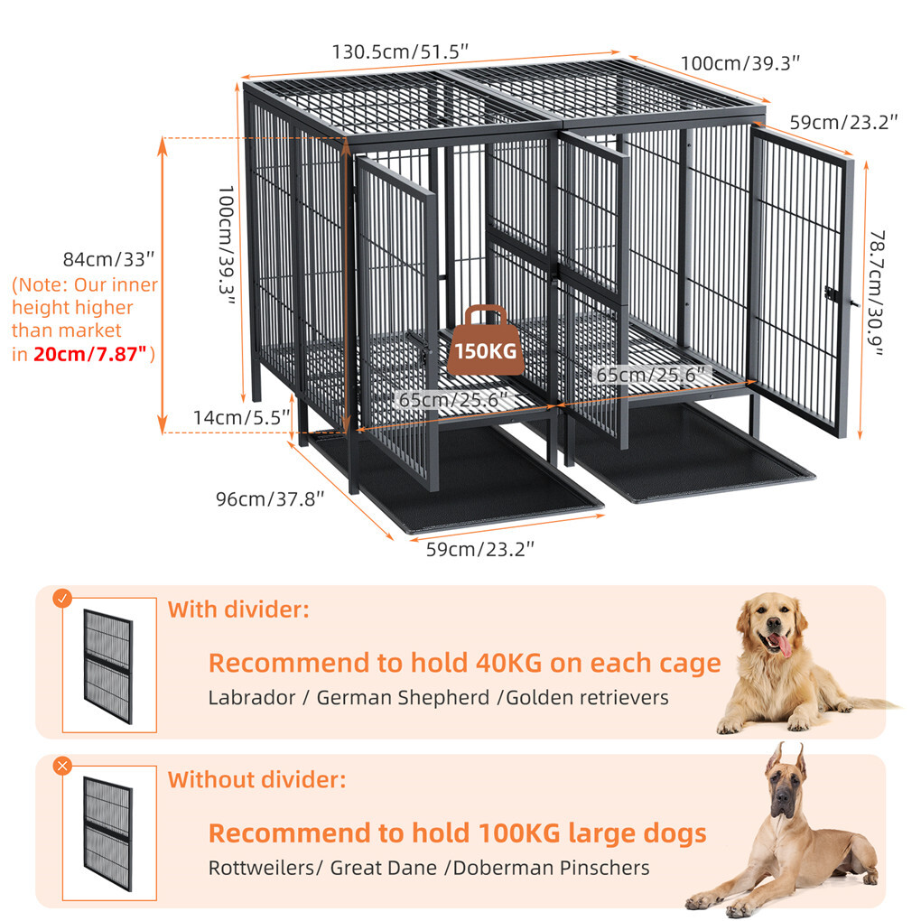 Jumbo Heavy Duty Metal Double Dog Cage Kennel Crate Playpen with Divider＆Tray