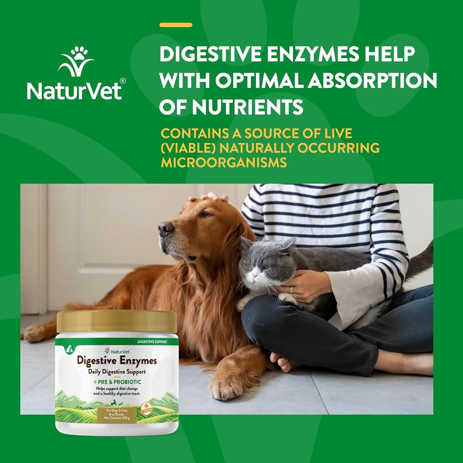 NaturVet DIGESTIVE ENZYMES PROBIOTICS Healthy Digestion for Dogs and Cats 8 oz