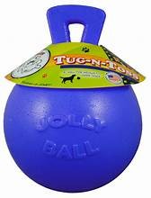 Jolly Pets Tug-N-Toss 10 inch Blue Rubber Ball with Handle Chew Toy for Dogs
