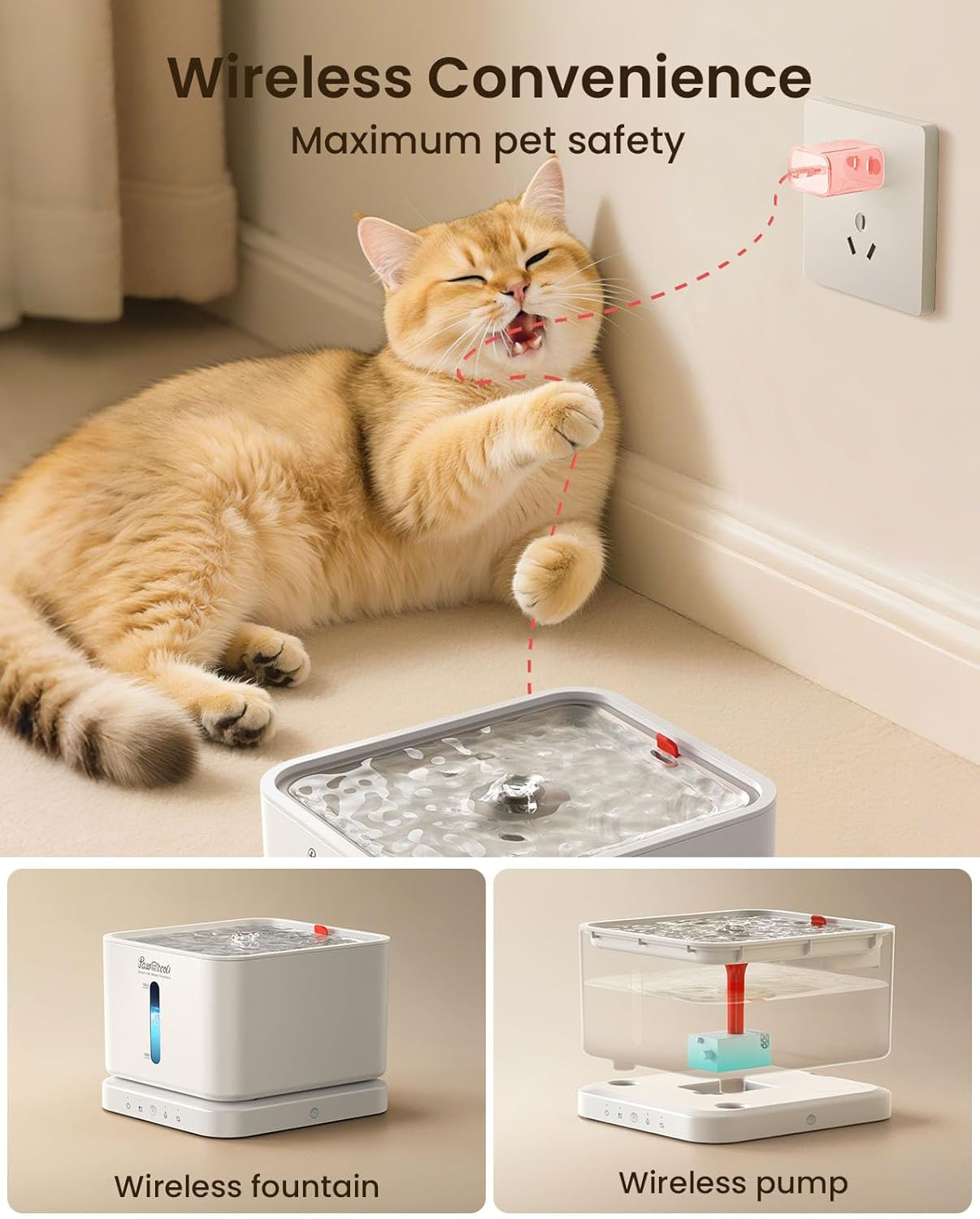Cordless Cat Water Fountain, 3L/100Oz Stainless Steel Tray, Cat Fountains for Dr