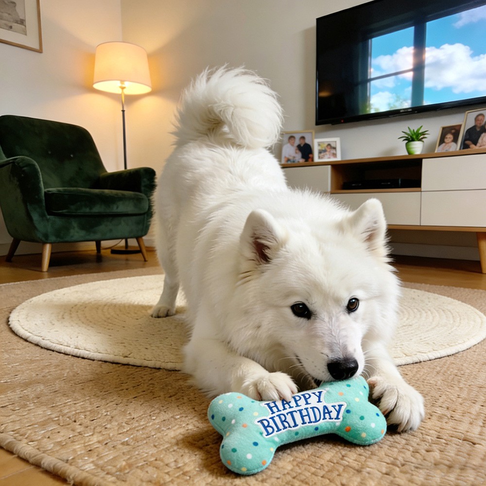 Dog Birthday Toys Plush Dog Squeaky Toys Stuffed Puppy Chew Toy Bone Pet Toy