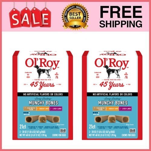 2 Box Ol’ Roy Munchy Bone Dog Treats, Variety Pack, 60 oz, 21 Count Box