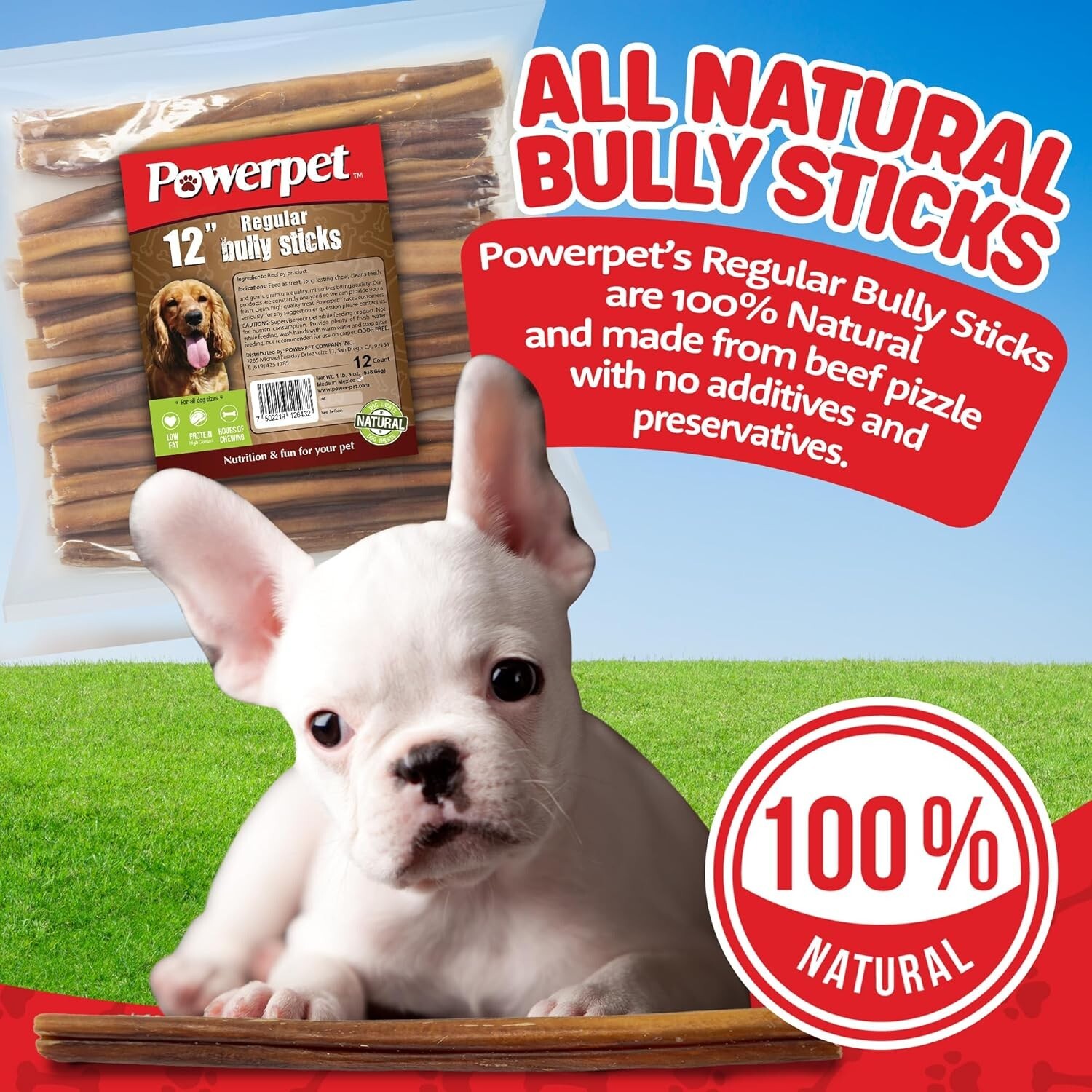 ALL NATURAL Powerpet: Bully Sticks – 12” Standard Bully Sticks- BRC CERTIFIED