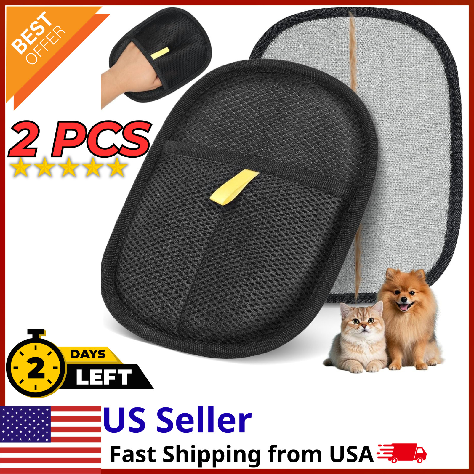 2- Pack Pet Hair Remover Gloves Reusable Dog, Cat Fur Cleaner for Car Sofa Couch