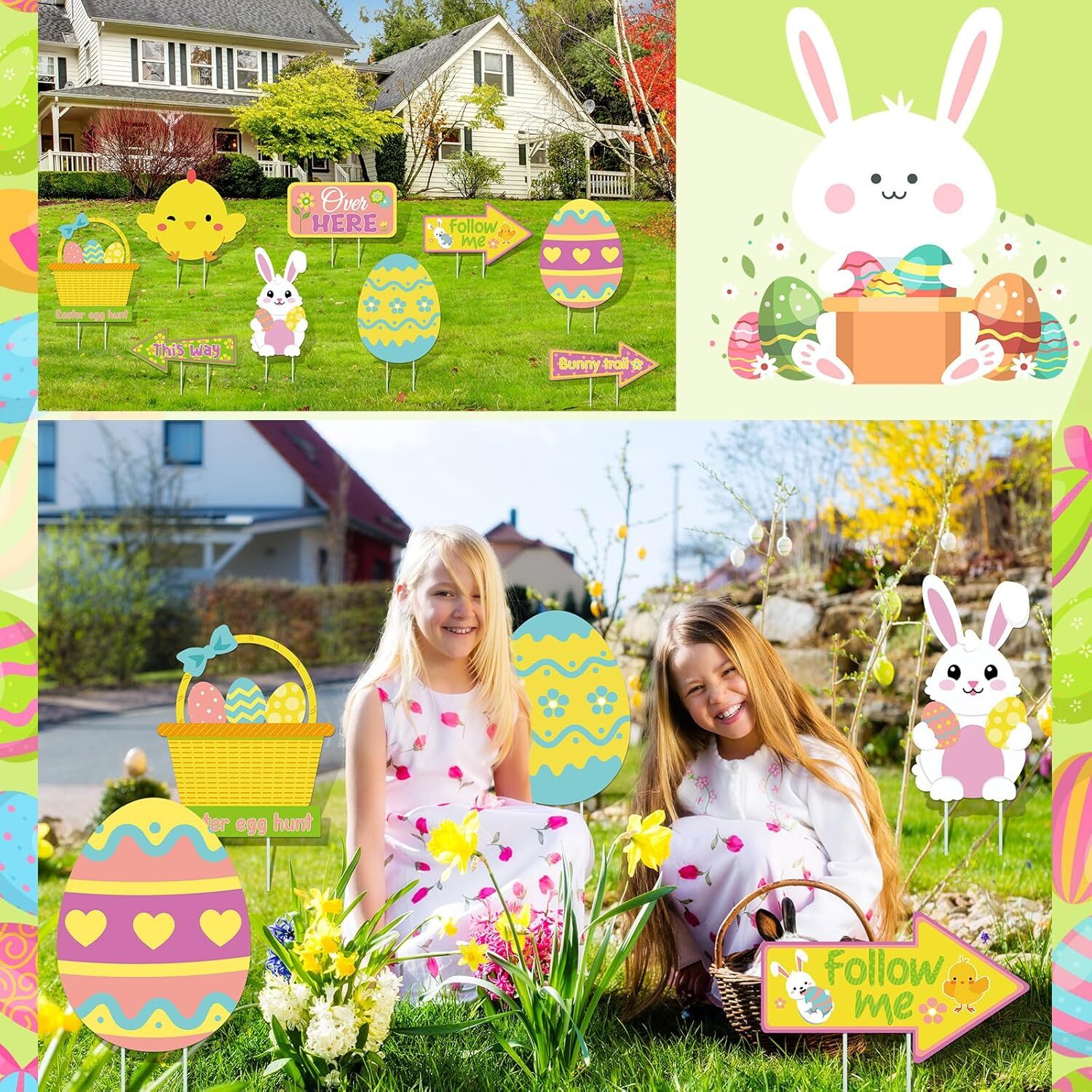 9 Pcs Easter Yard Signs Decorations Egg Hunt as shown in pictures