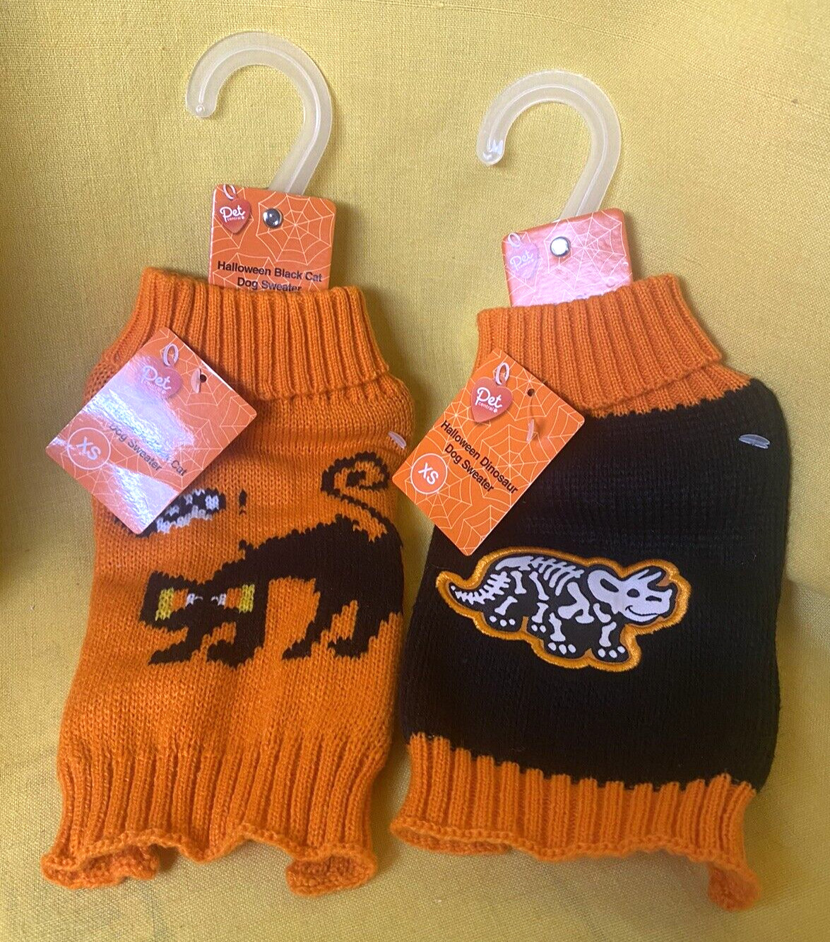 Pet Central BLACK CAT & DINOSAUR Dog Sweater Size Xtra Small (Lot of 2)