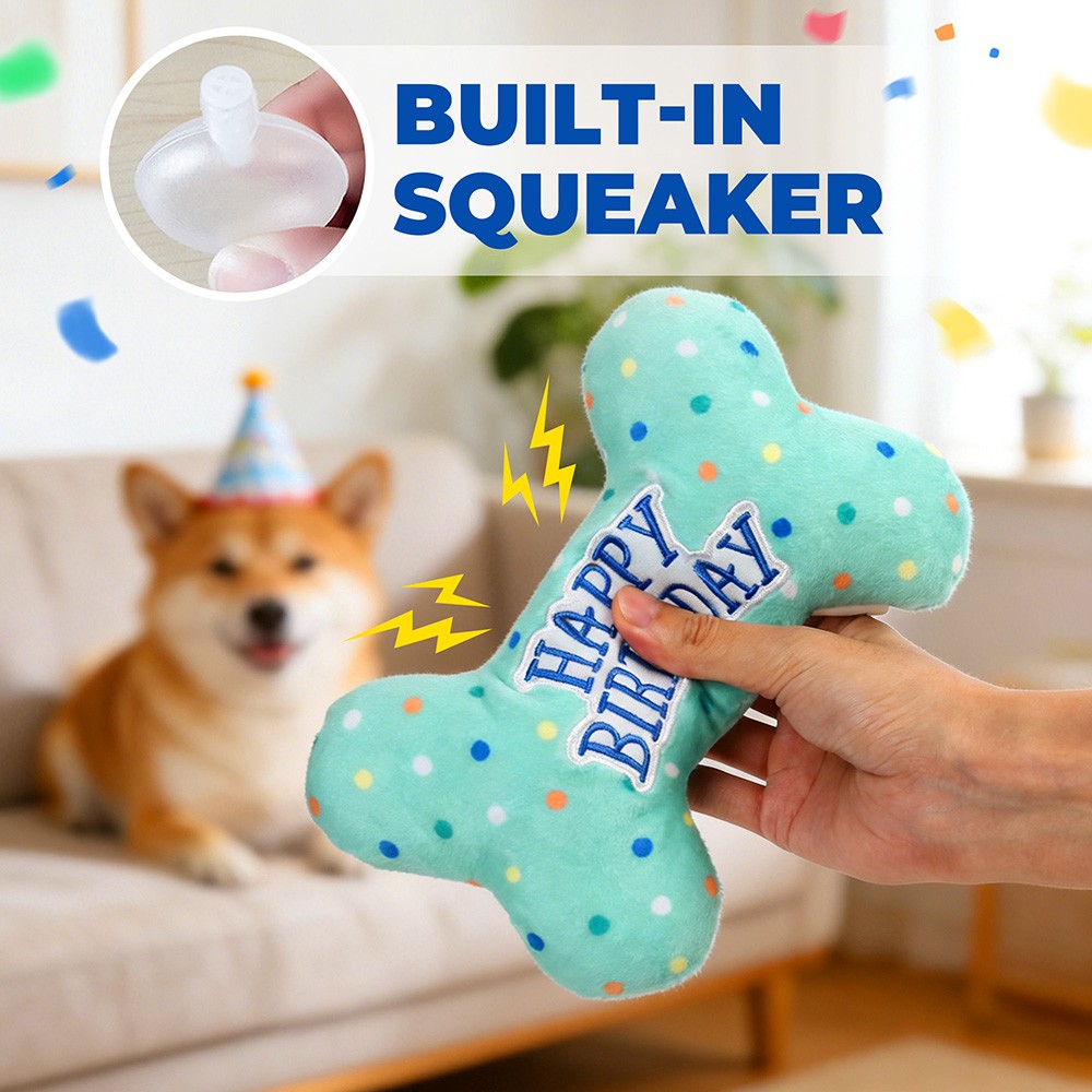 Dog Birthday Toys Plush Dog Squeaky Toys Stuffed Puppy Chew Toy Bone Pet Toy