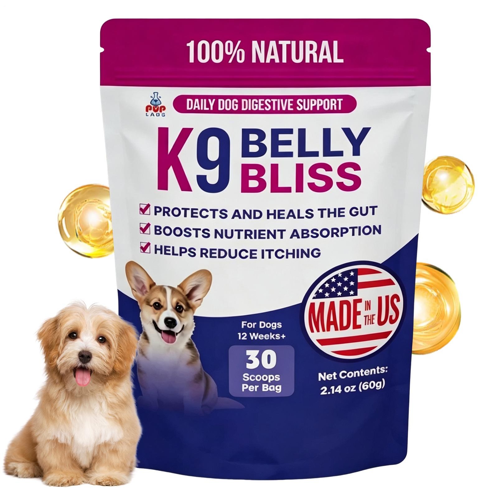 K9 Belly Bliss Dog Probiotic Powder 30 Scoops Gut Digestive Support