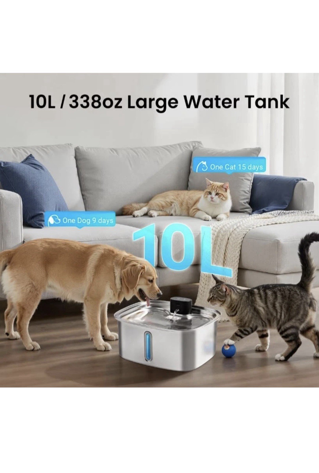 Vacqueen Smart Stainless Steel Dog Water Fountain, Silver, 10-L