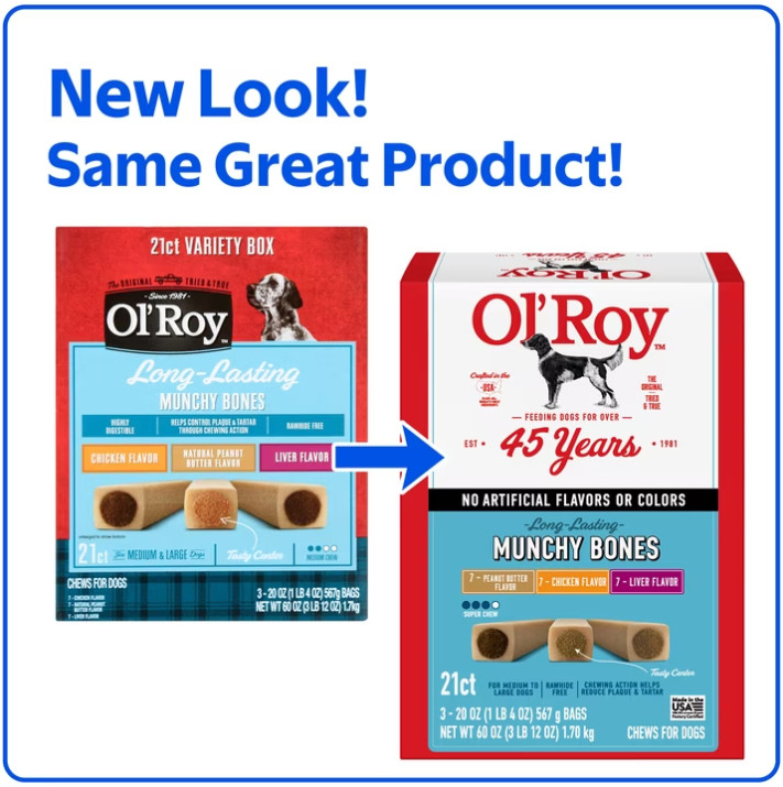 2 Box Ol’ Roy Munchy Bone Dog Treats, Variety Pack, 60 oz, 21 Count Box