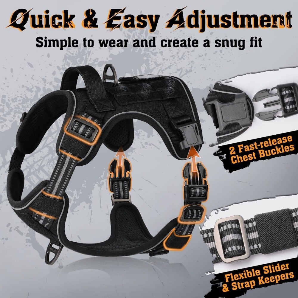 rabbitgoo Dog Harness No Pull Tactical Vest Adjustable Reflective Military Black
