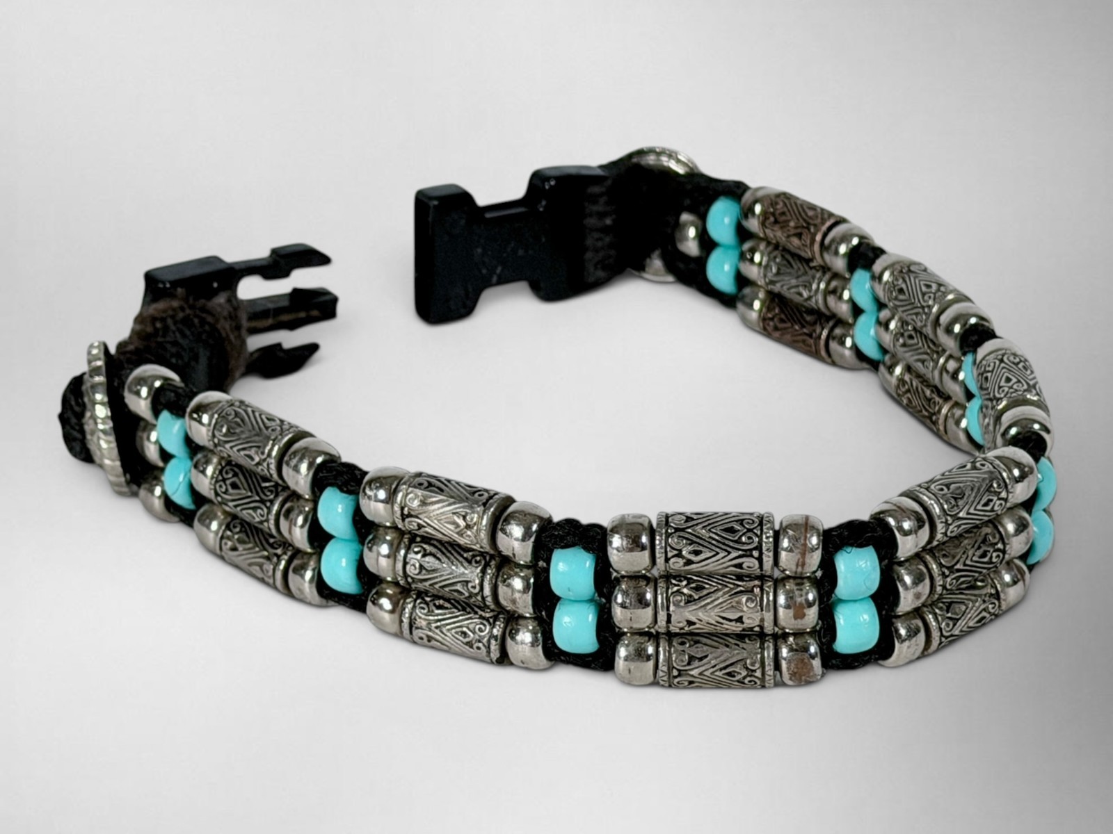 Handmade Western Horsehair Dog Collar Silver Engraved Tube Beads Turquoise 17