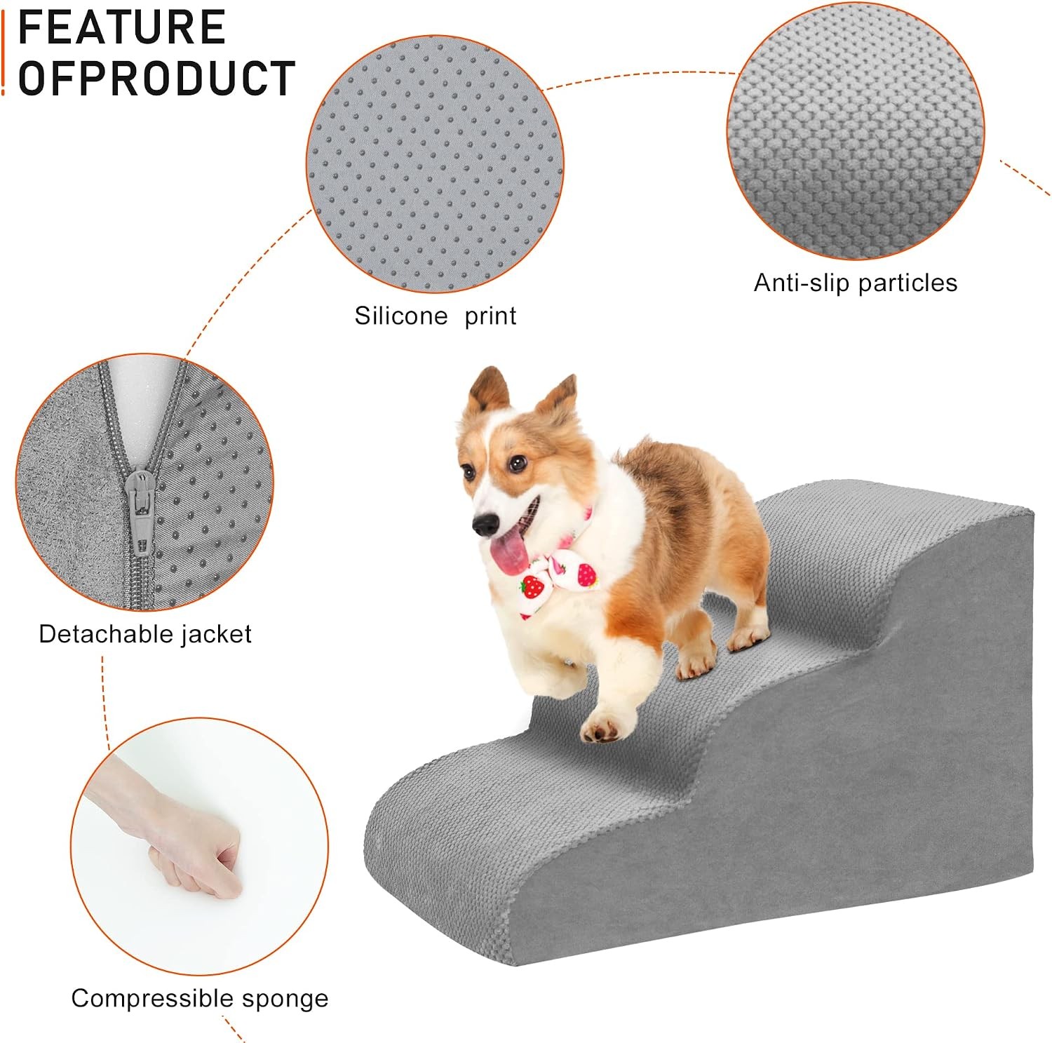 3 Step Stairs for Sofa & Chair NonSlip Sturdy Pet Steps Dogs Cats GREY