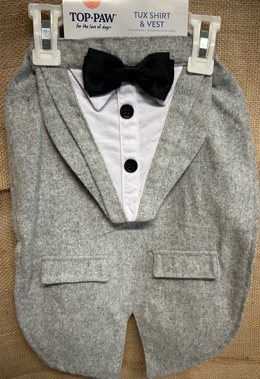 NWT Top Paw 2 Piece Set Dog Wedding Tux Shirt Tie And Vest Gray XS, S, M, L, XL