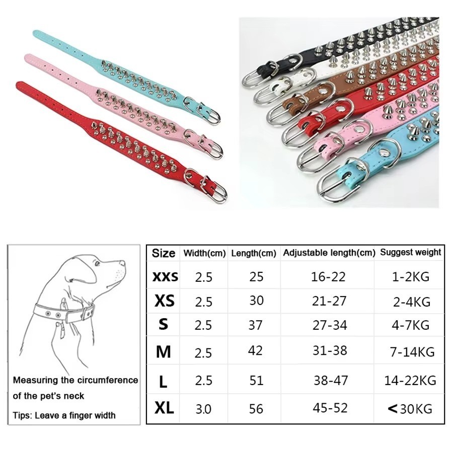Spiked Studded Dog Collar Rivet Adjustable PU Leather Pet XS S M L XL 8 Color