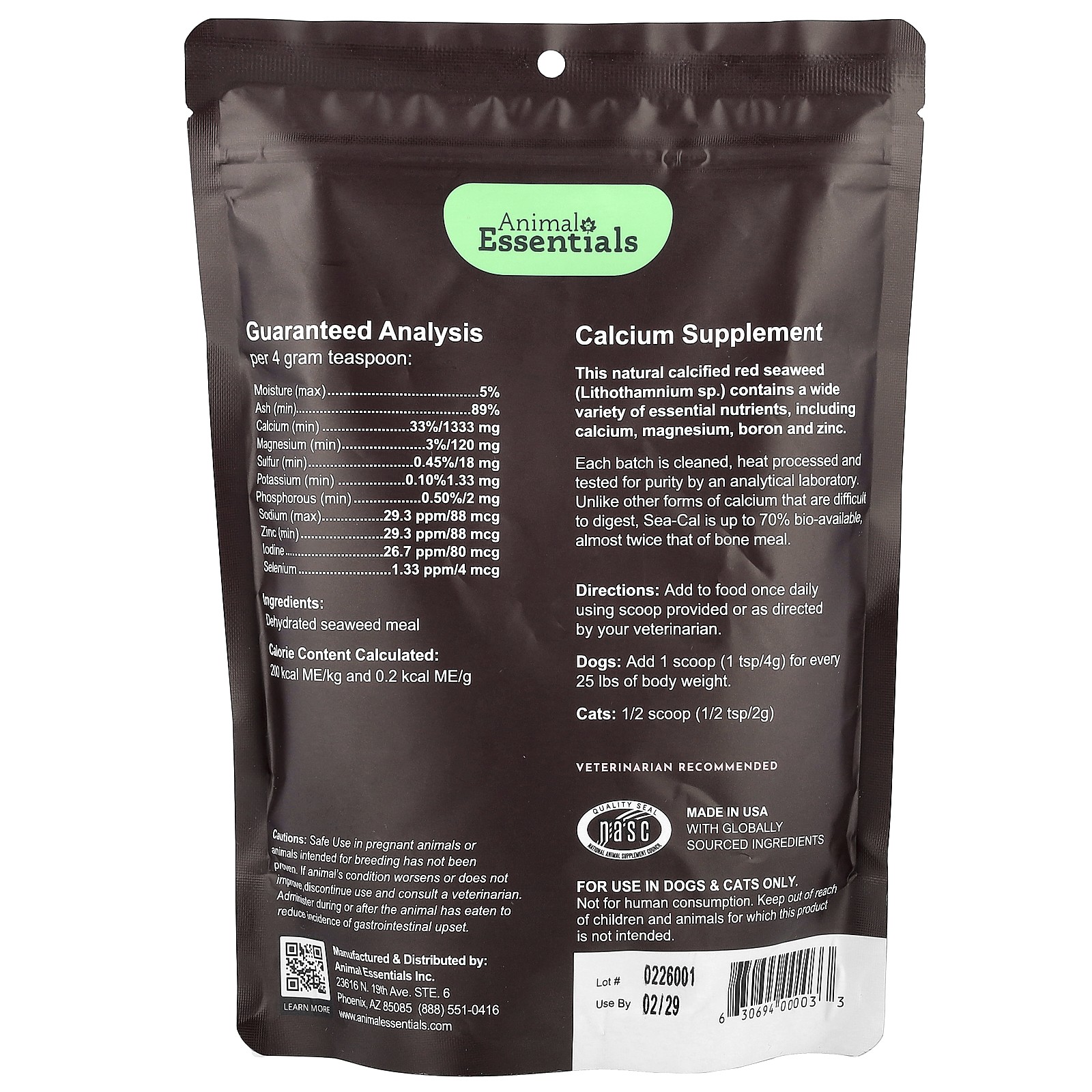 Animal Essentials Seaweed Calcium For Dogs Cats 12 oz 340 g All-Natural