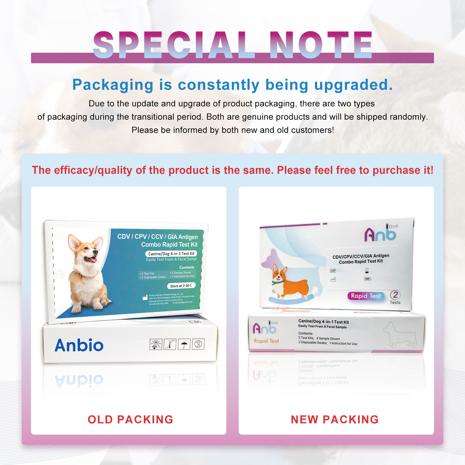 2pcs Canine/Dog 4-in-1 CDV/CPV/CCV/GIA Test Kit Health Pet Rapid test Home Test
