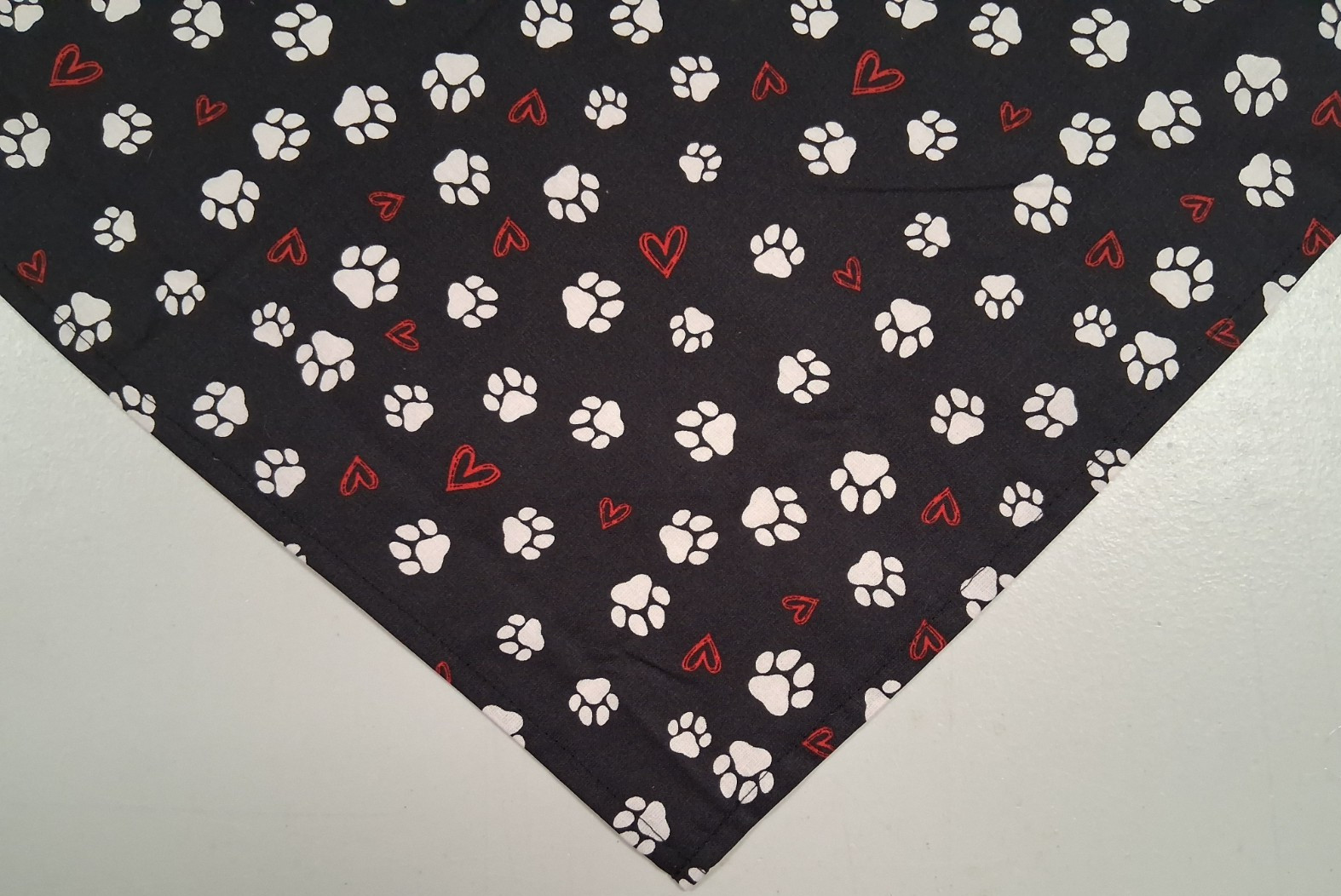 Dog Bandana/Scarf, Tie On, Black, White Paw Prints, Red Hearts, XS, S, M, L