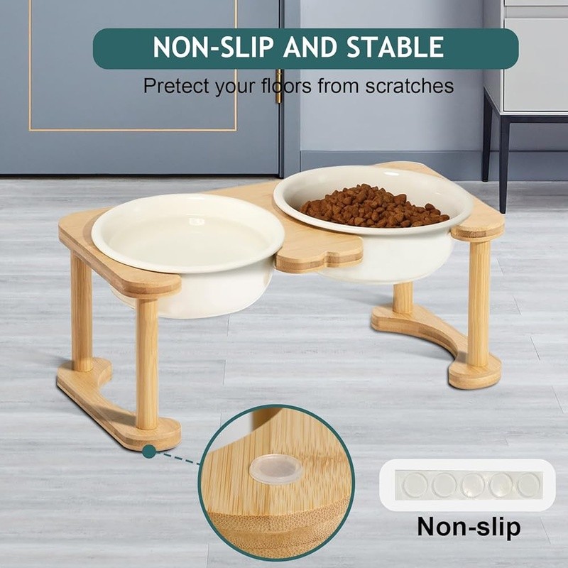 Ceramic Elevated Dog Bowl W/ Bamboo Stand Anti-Slip Design Health Safe Feeding