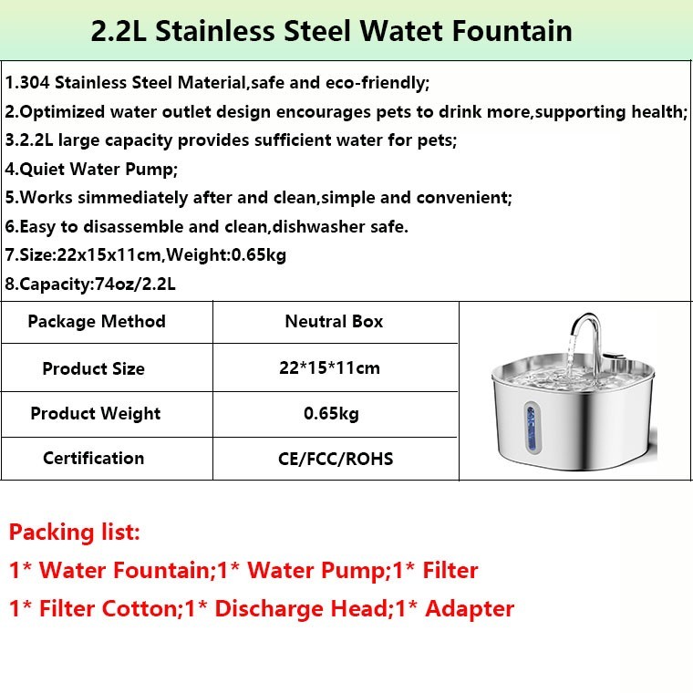 Cat Water Fountain Stainless Steel 74oz/2.2L Automatic Pet Dog Water Fountain