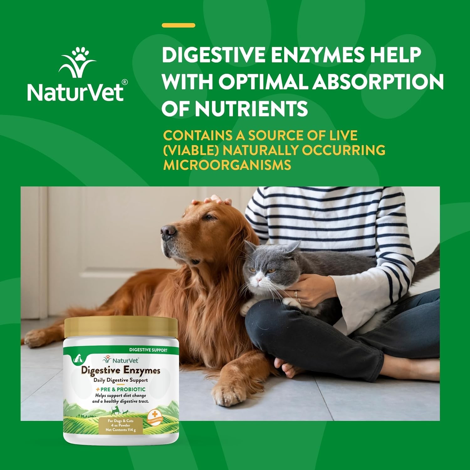 NaturVet DIGESTIVE ENZYMES PROBIOTICS Healthy Digestion for Dogs and Cats 4 oz