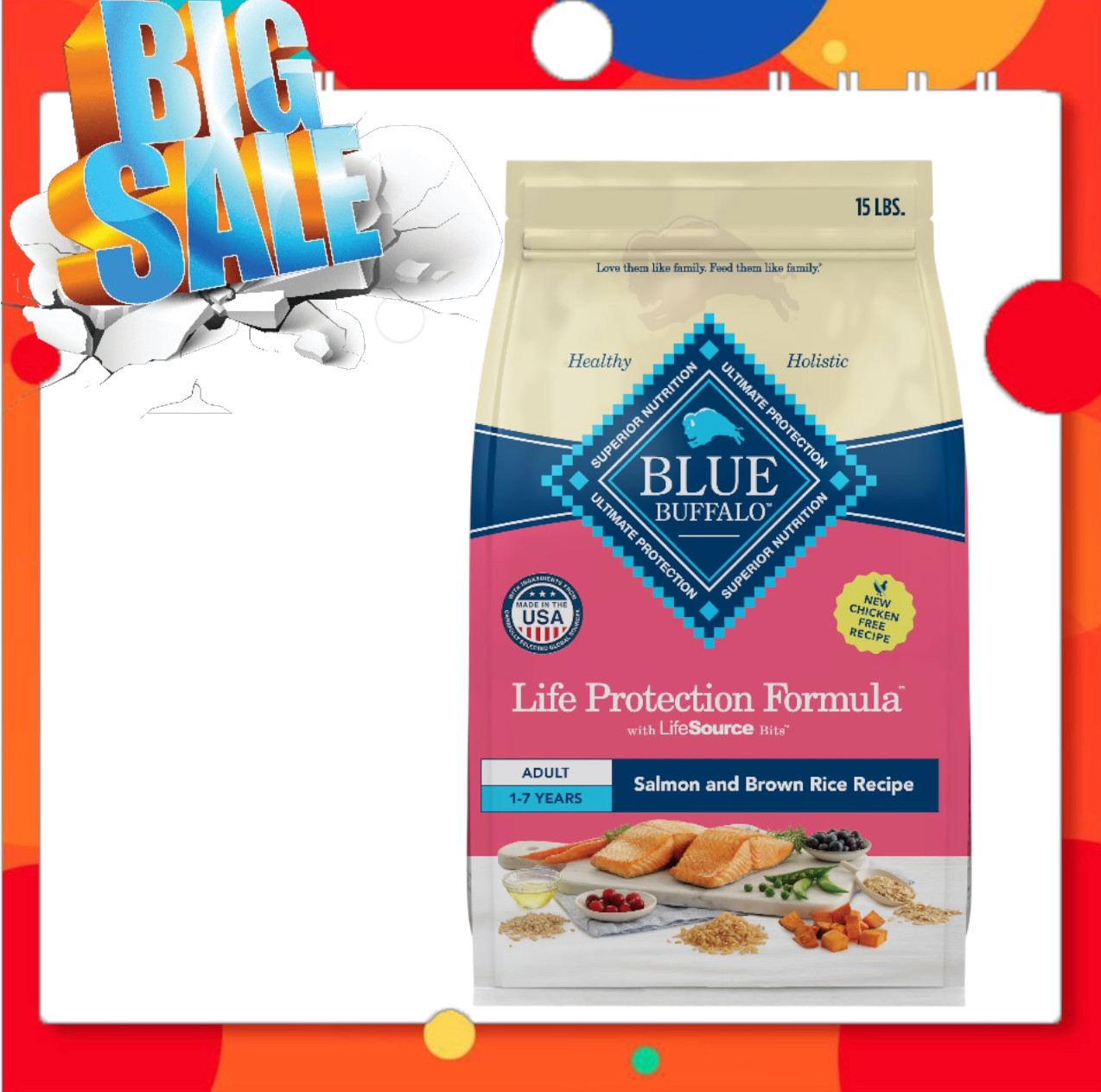 Blue Buffalo Life Protection Adult Chicken-Free Salmon Dry Dog Food, 15 lbs