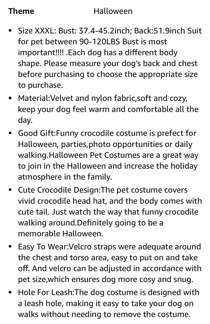 New! Dog Crocodile Design Costume XXXL (3XL) 90-120 lbs. Pet Clothes Alligator