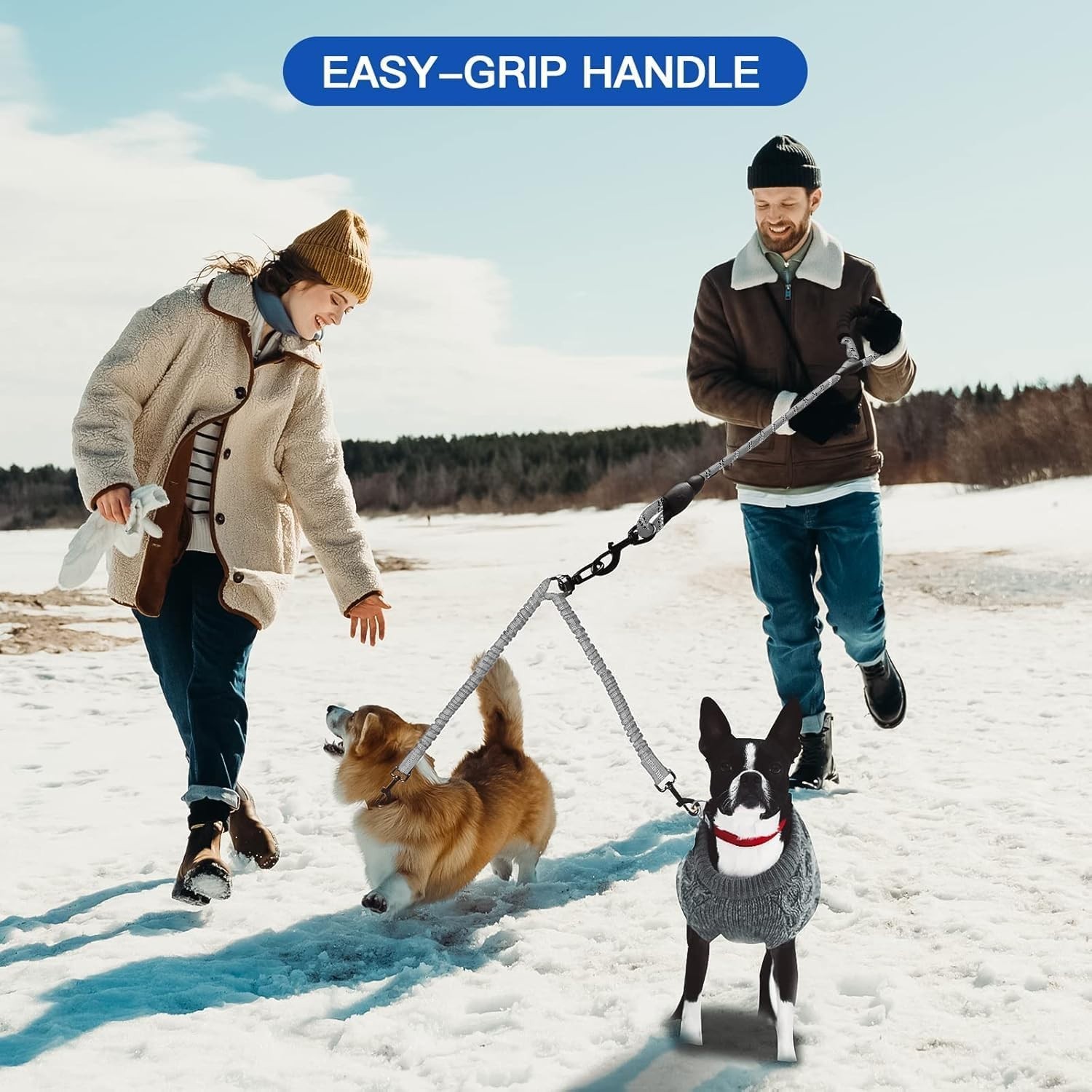 High-Performance Bungee Double Dog Leash, Tangle Resistant, for Medium & Large