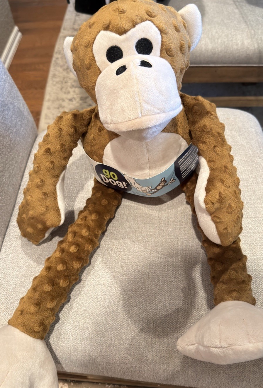 goDog Checkers Plush Monkey Dog Toy with Squeaker Brown Durable Soft Chew Toy