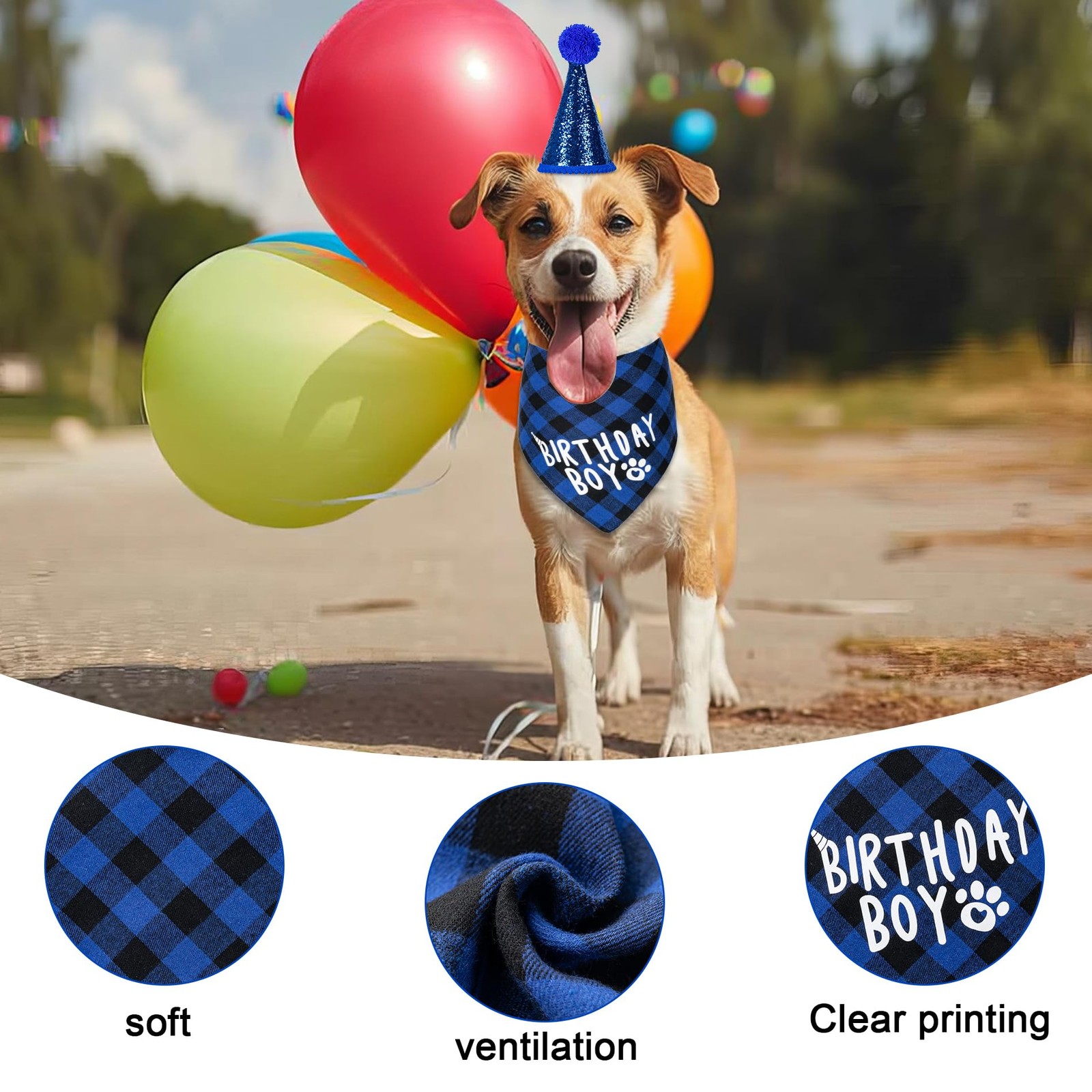 Dog Birthday Party Supplies Bandana Hat Bow Tie 0-8 Numbers Blue X-Large