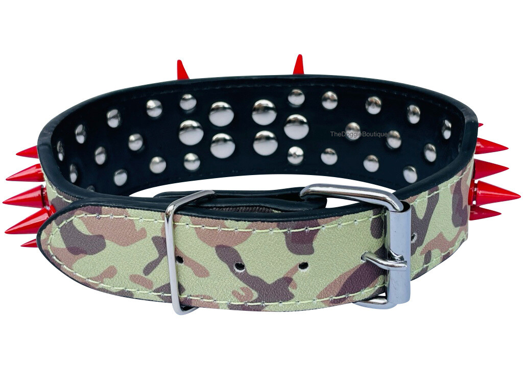 Dog Collar Sharp Red Spikes Spike Adjustable Rivet PU Leather 2″ wide S M L XL
