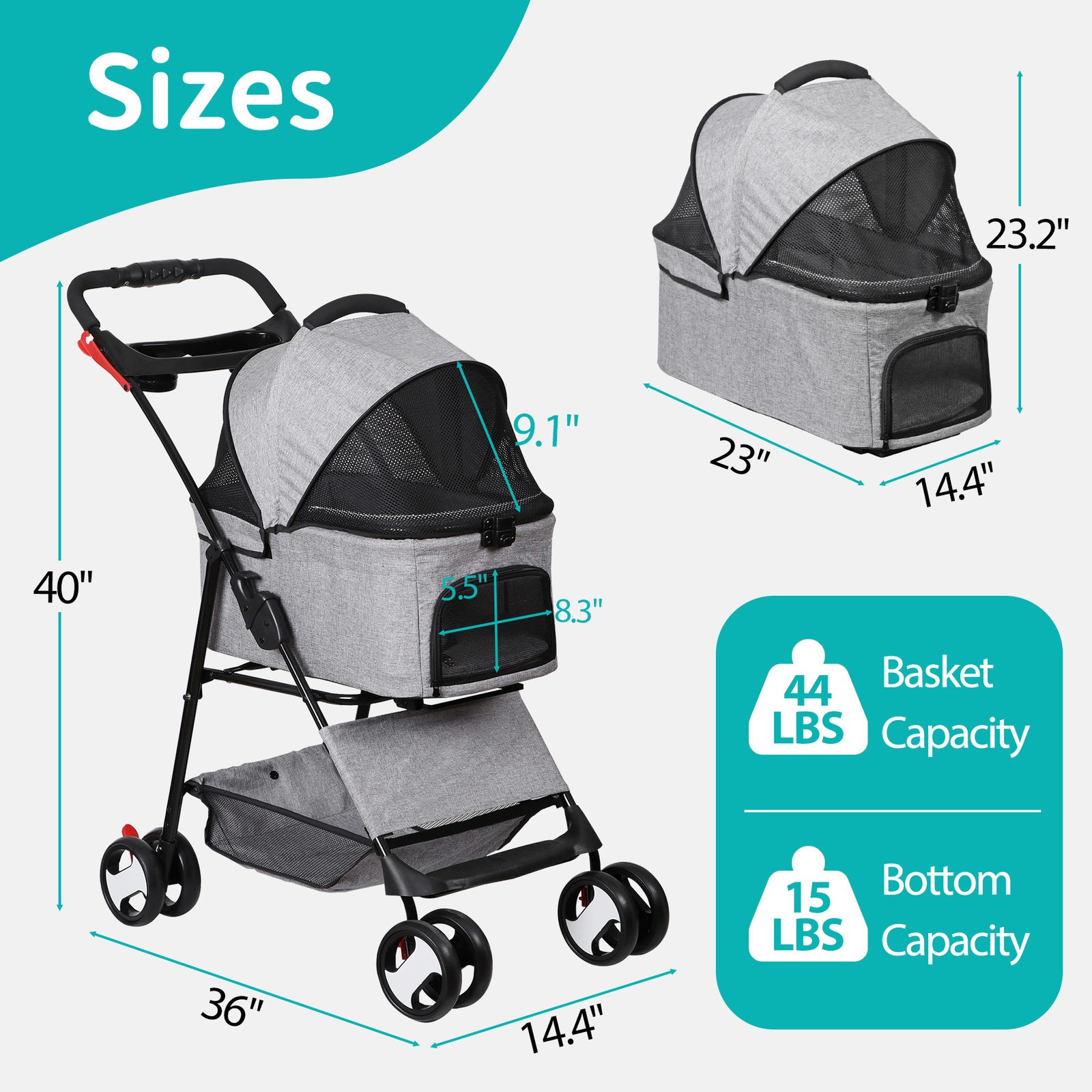 3 in 1 Folding Dog Stroller Pet Stroller for Medium Dog w/Removable Carrier Gray