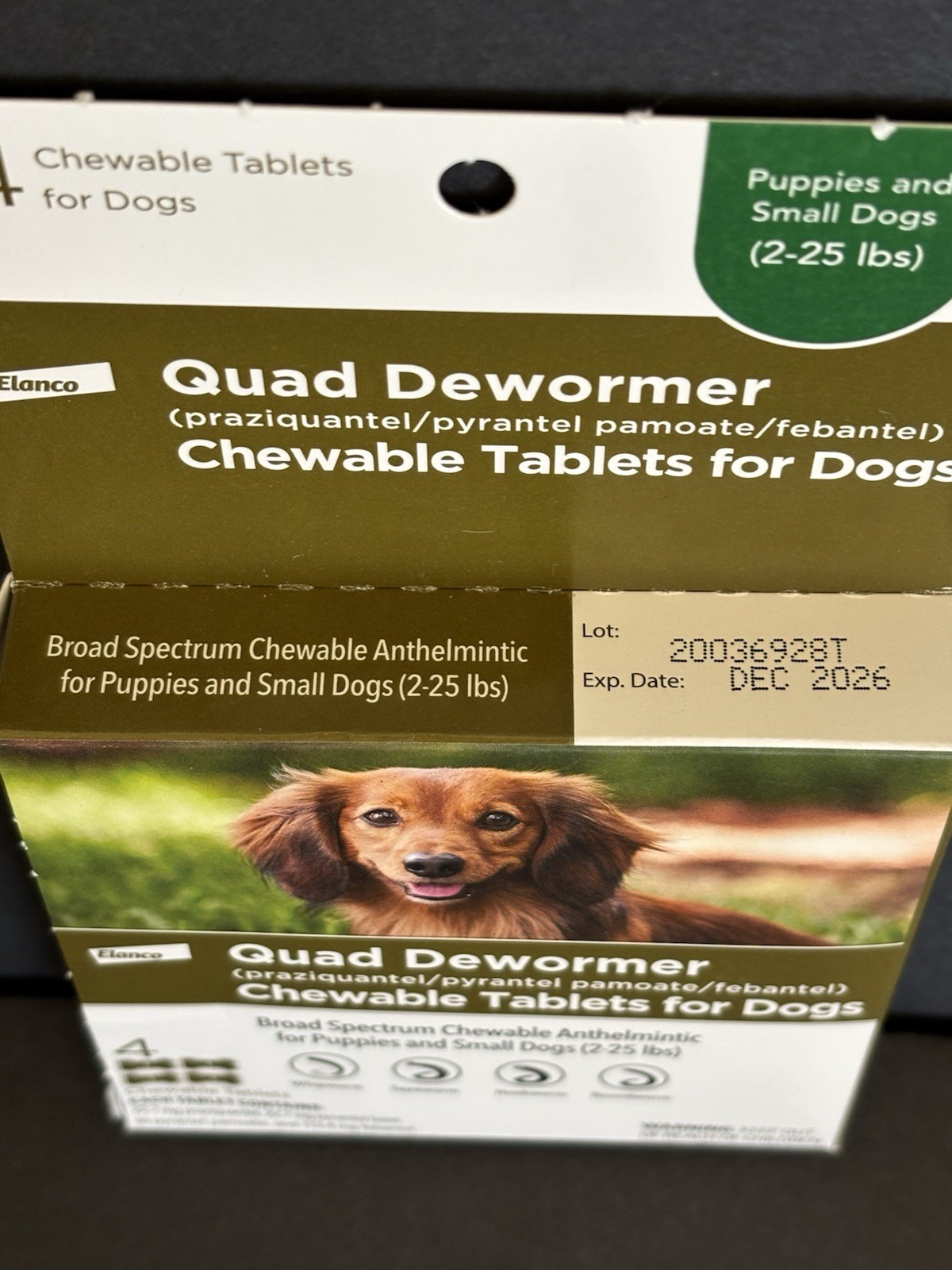 Elanco Quad Dewormer Chewable Tablets 4 Ct for Small Dogs 2-25 lb , EXP 12/2026