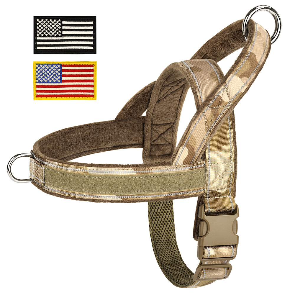 Tactical No Pull Dog Harness Reflective Soft Flannel Padded Pet Vest with Flags