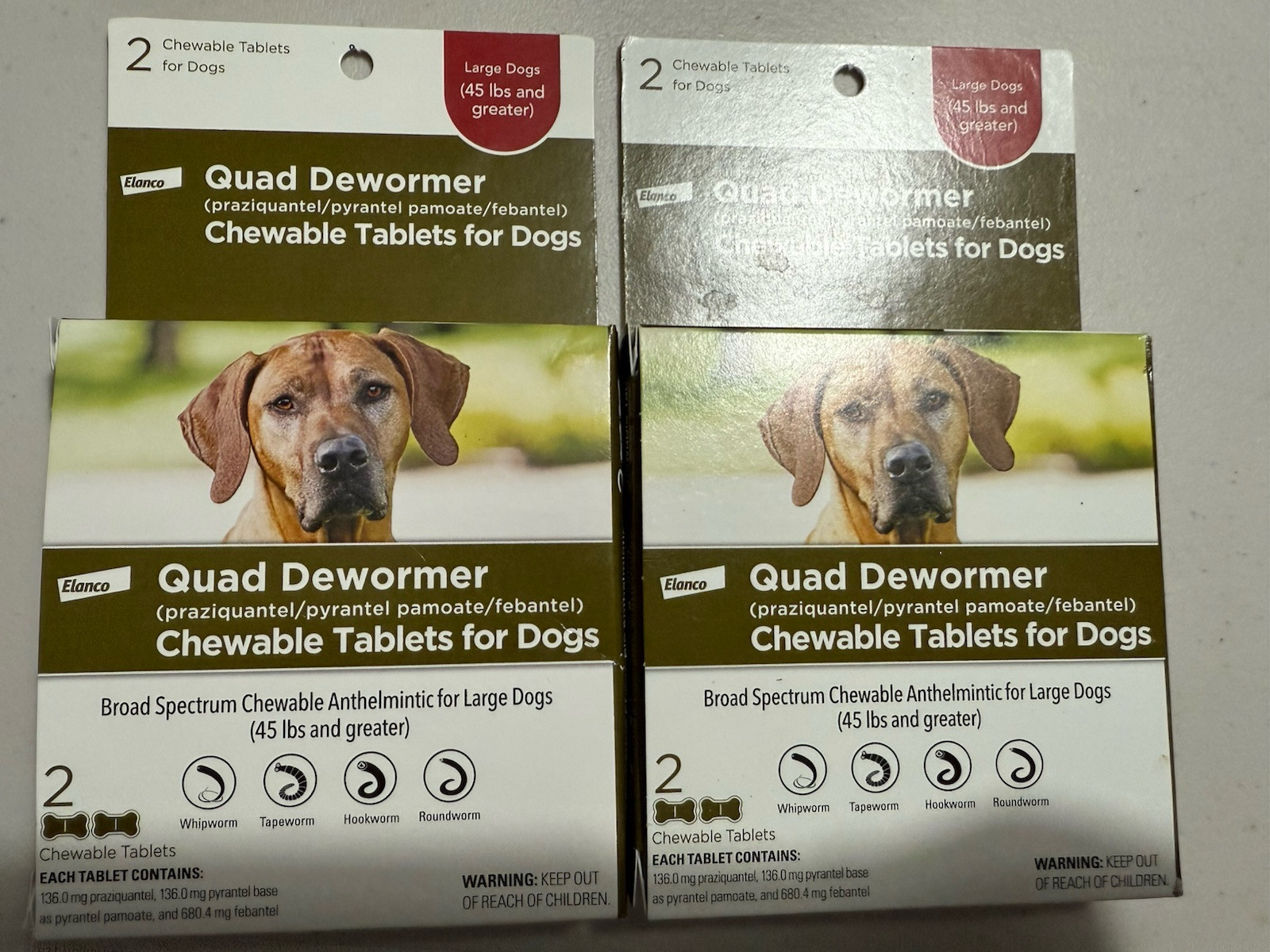 2 Boxes Elanco Quad Dewormer Large Dogs 45+ Lbs 4 Total Tablets – FREE SHIPPING