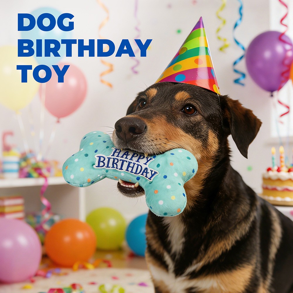 Dog Birthday Toys Plush Dog Squeaky Toys Stuffed Puppy Chew Toy Bone Pet Toy