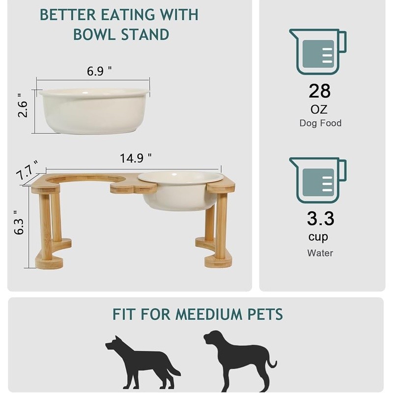 Ceramic Elevated Dog Bowl W/ Bamboo Stand Anti-Slip Design Health Safe Feeding
