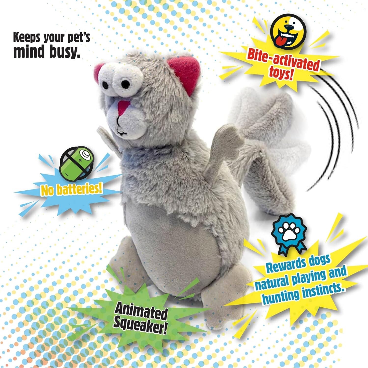 goDog Action Plush Squirrel Animated Squeaky Dog Toy, Chew Guard Technology-Grey