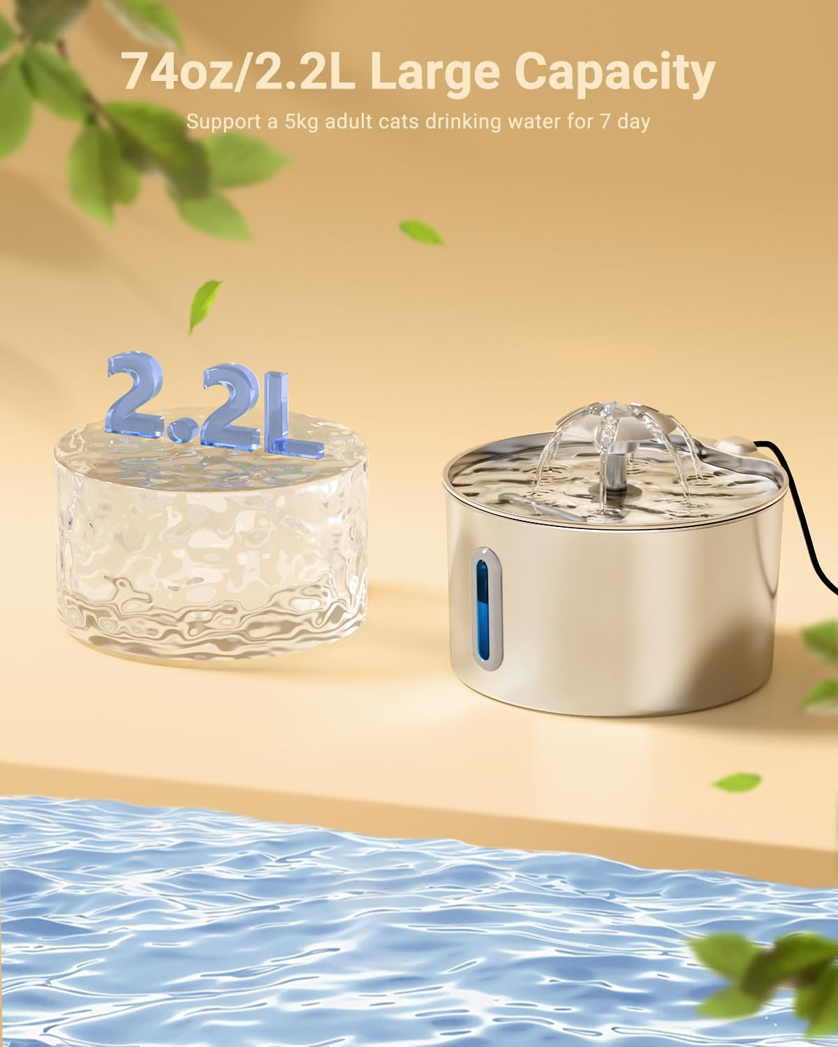 Stainless Steel Cat Water Fountain 74oz Automatic Pet Dispenser