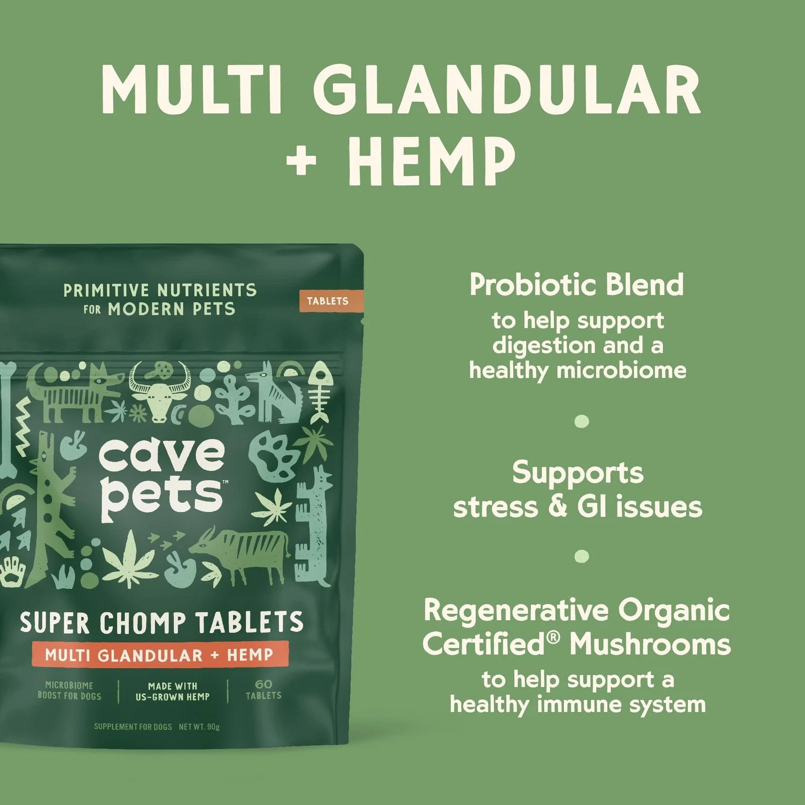 Dog Probiotic Tablets – Digestive & Relaxation Support, Hemp & Glandular, 60