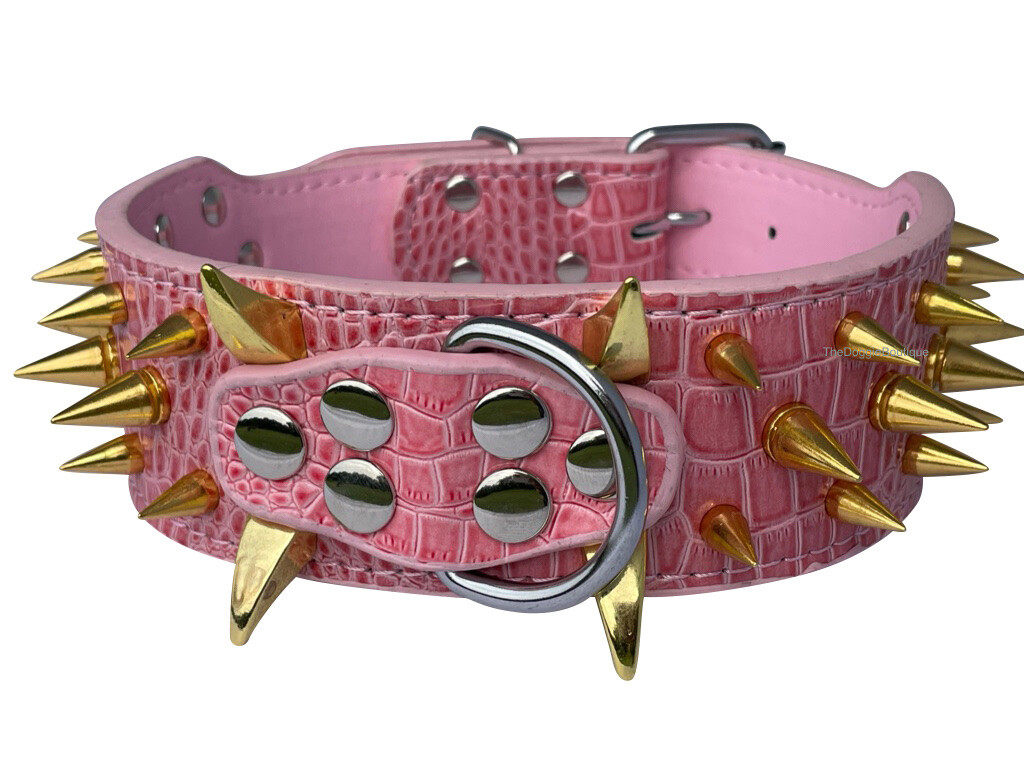 Dog Collar Sharp Gold Spikes Spike Rivet Adjustable PU Leather 2″ wide S M L XL